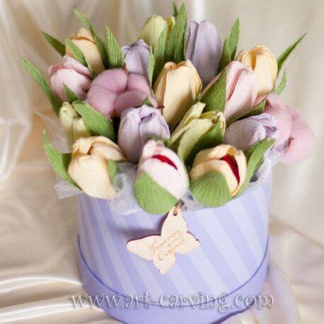 Тюльпаны из конфет в шляпной коробке